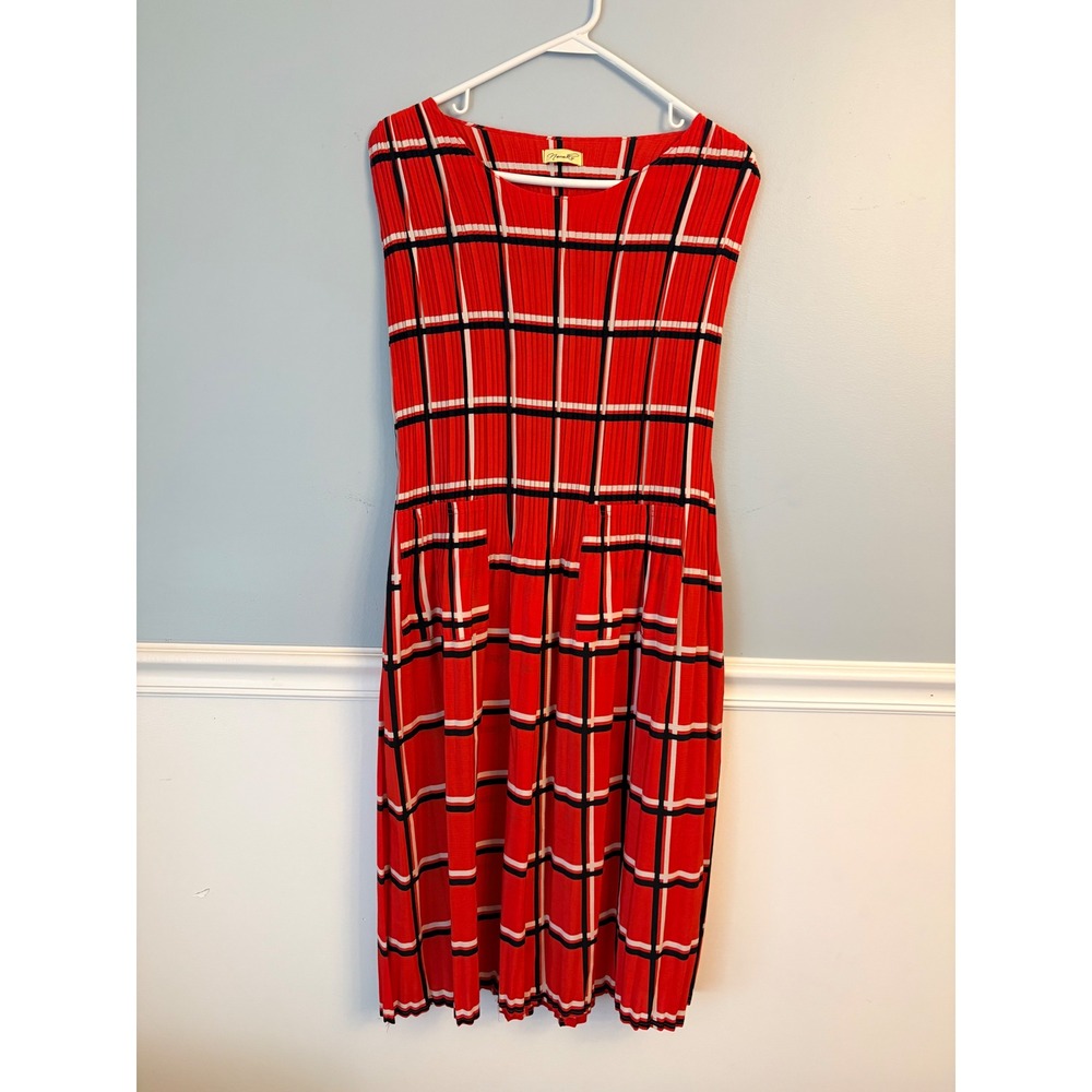 Vintage NanaKo Red Plaid Crinkle Texture Sleeveless Midi Dress Pockets Large